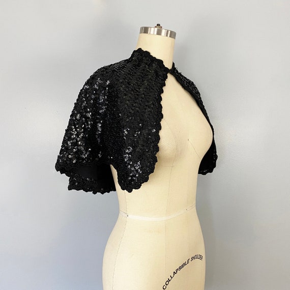 1930-1940s Black Sequin Caplet Cape Bolero Jacket