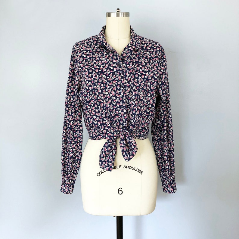 1960/'s Purple Pink Navy Blue Floral Cotton Long Sleeve Blouse Margaret Smith Vintage Retro Pin Up Rockabilly Oxford Button Up Medium