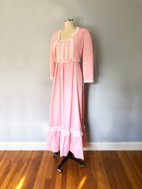 1970s Pink Swiss Dot Prairie Max Dress Quilted Jac