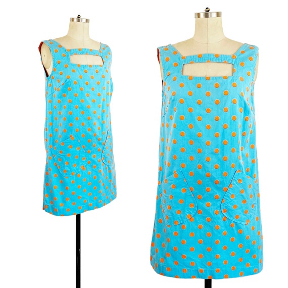 1960s Orange and Blue Polka Dot Mini Dress Mod A-… - image 1