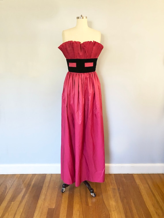 1980s Ruffle Strapless Fuchsia Rayon Formal Gown /