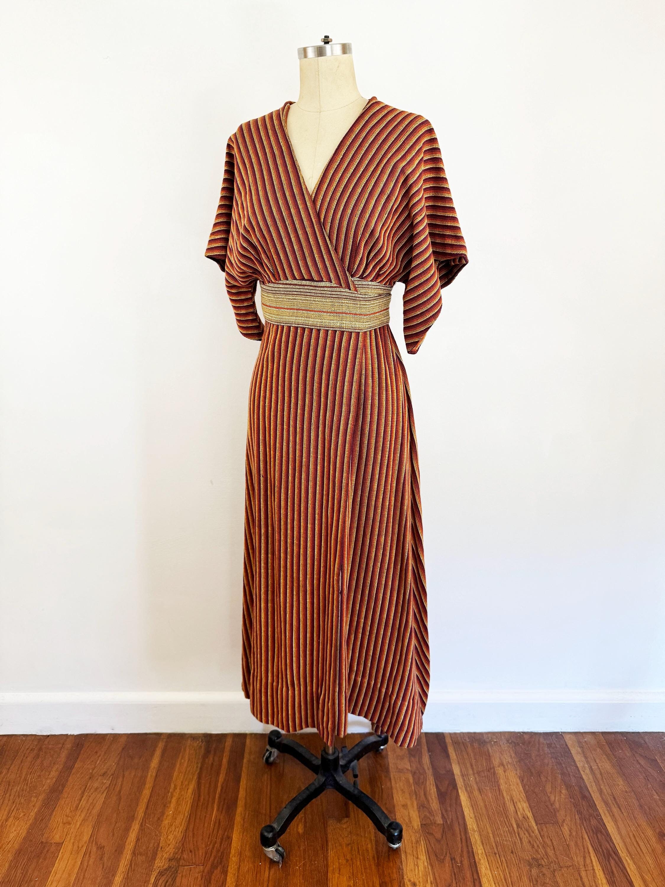 1960s Rikma Rozi Ben Yosef Striped Cotton Wrap Dress: Israeli Designer Caftan (Size Medium)