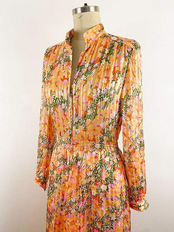 1980s John Hagarty Peach Floral Silk Striped Shee… - image 6