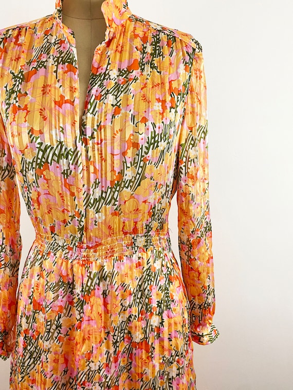 1980s John Hagarty Peach Floral Silk Striped Shee… - image 2