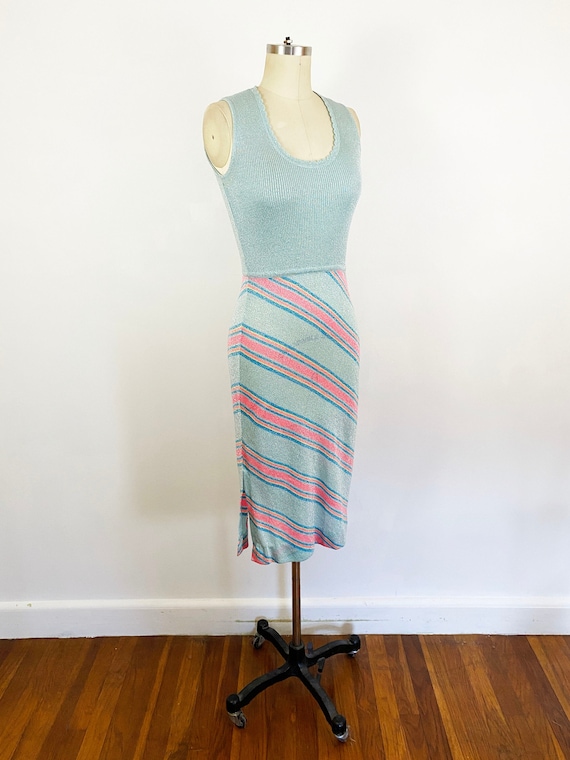 1970s Light Blue Metallic Lurex Knit Dress Pink St