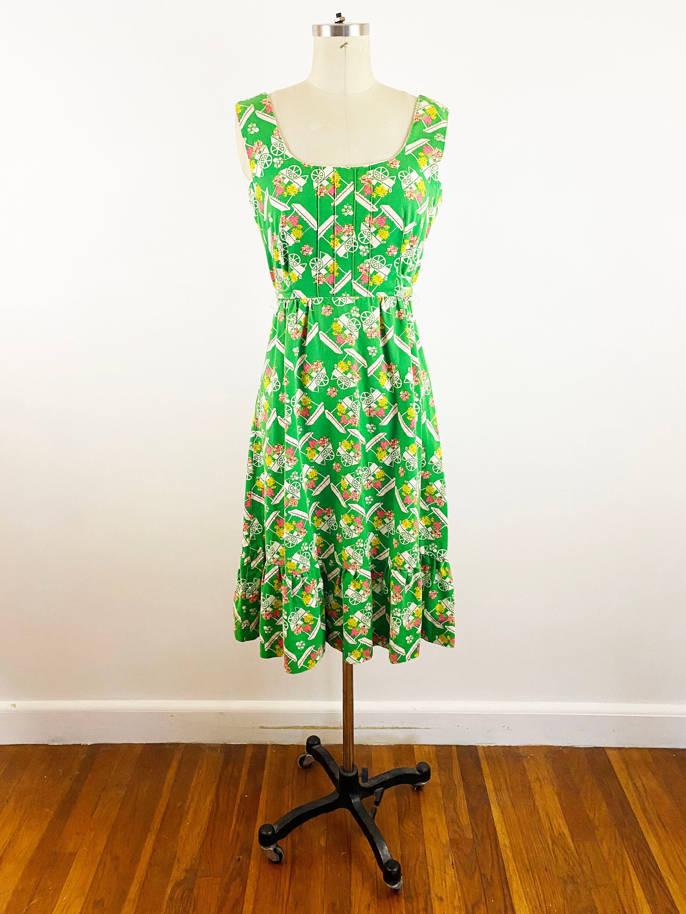 1960s Malia Honolulu Novelty Print Garden Cart A-line Sundress Vintage Hawaii Dress 60s Sundress Cute Novelty Print / Size Small