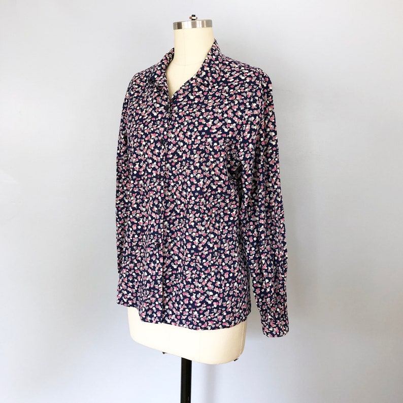 1960/'s Purple Pink Navy Blue Floral Cotton Long Sleeve Blouse Margaret Smith Vintage Retro Pin Up Rockabilly Oxford Button Up Medium