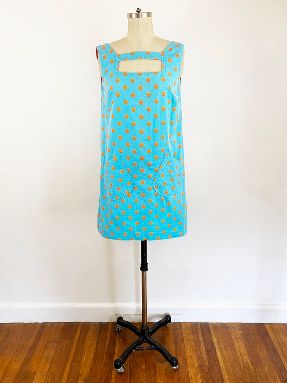 1960s Orange and Blue Polka Dot Mini Dress Mod A-… - image 2