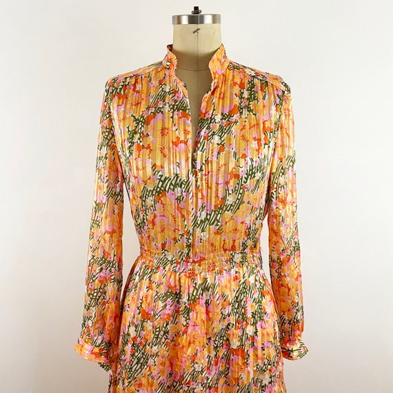 1980s John Hagarty Peach Floral Silk Striped Shee… - image 4