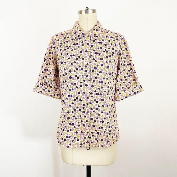 1960s Purple Floral Cotton Blouse Chrysanthemum R… - image 1