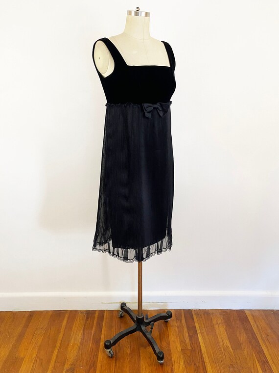 sachin and babi light blue dress 1960s Black Velvet Empire Waist Dress: Micro Pleated Mod Go Go (Size Extra Small)