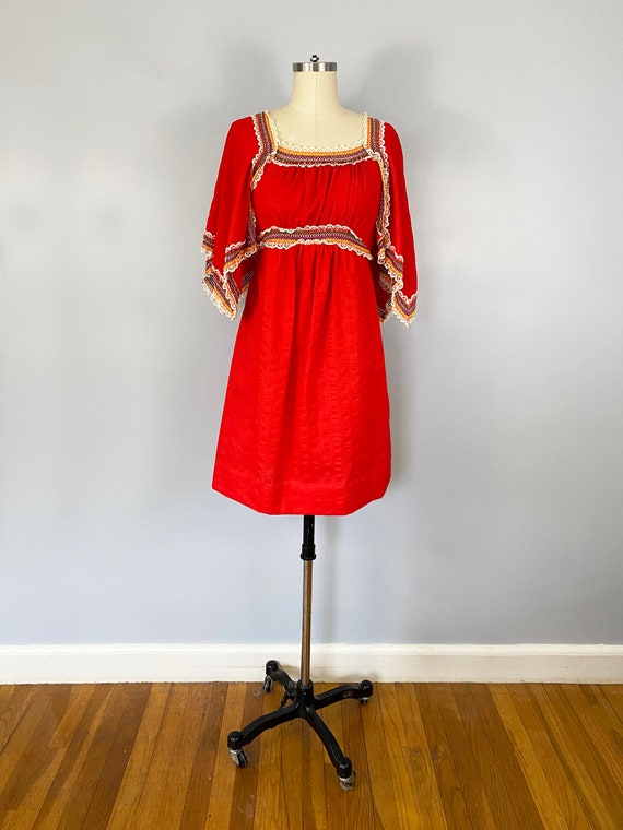 1960-1970s Red Empire Waist Dress Peasant Prairie