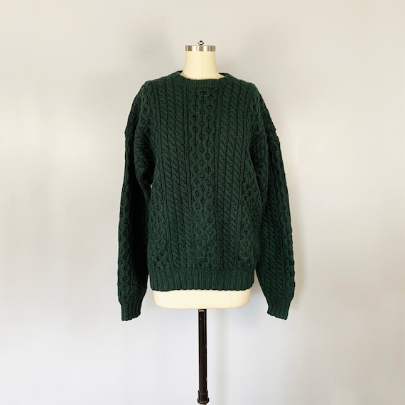 Vintage 1990s Forest Green Cable Knit Wool Fisherm