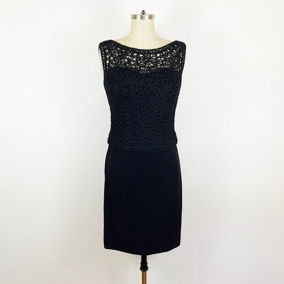 1950s Black Cord Lace Illusion Neckline Wiggle Dr… - image 6