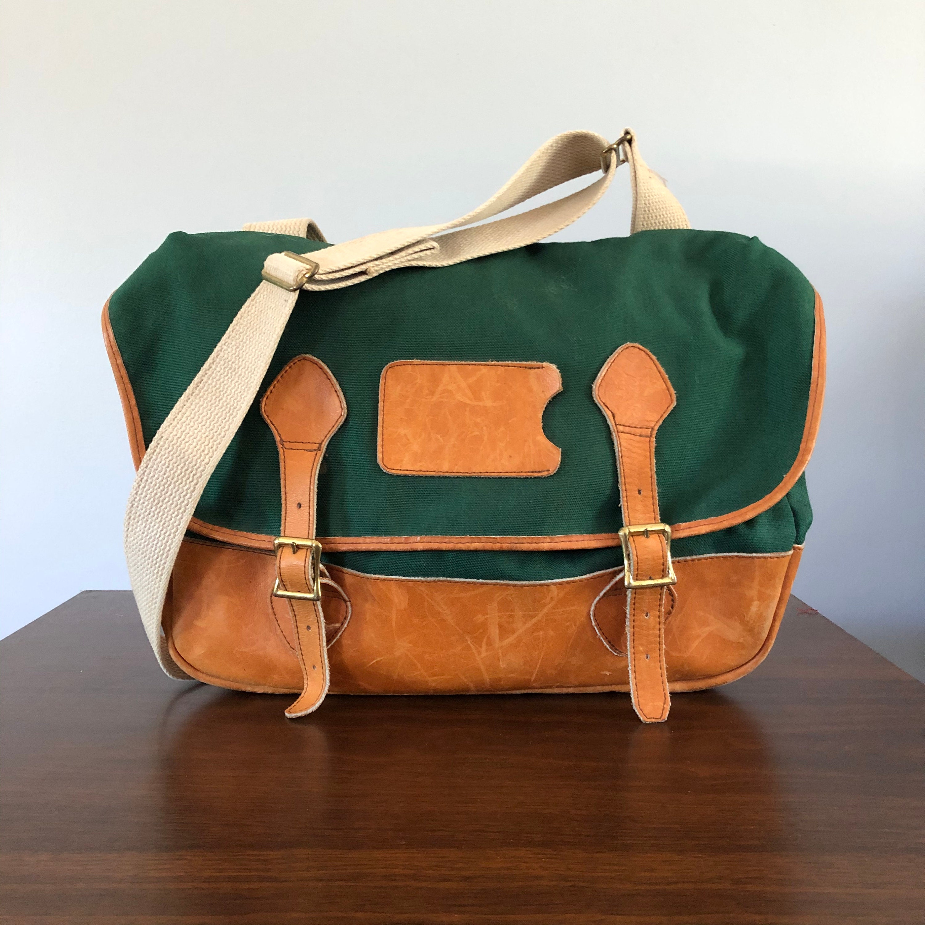 Vintage LL Bean Green and Leather Messenger Bag 1980s/ LL Bean | Etsy