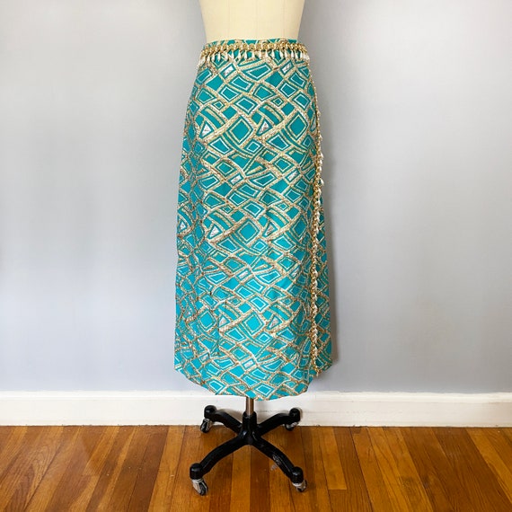 1960s Teal Gold Silver Geometric Metallic Brocade