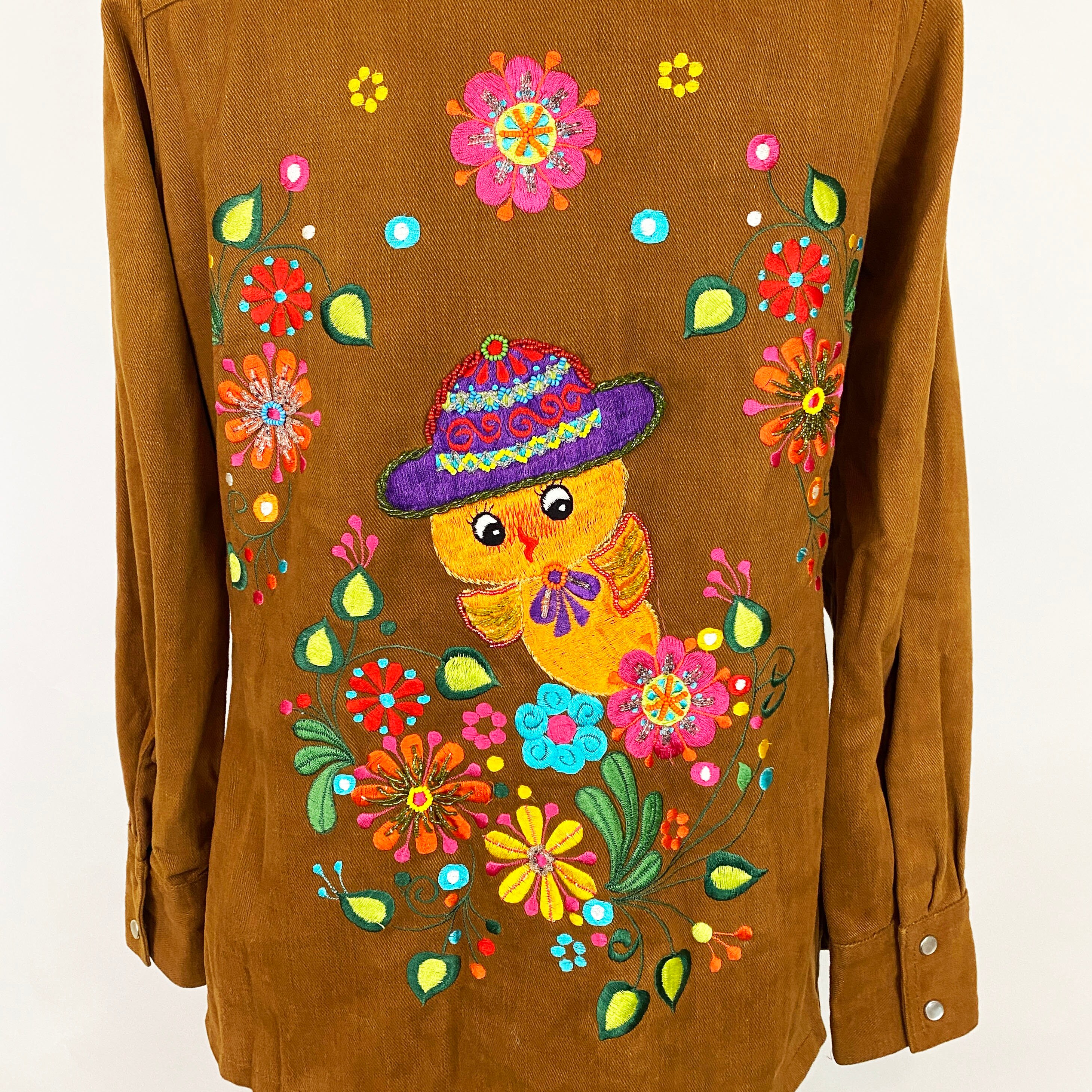 1970's Flower Power Embroidered Brown Cotton Jacket and 