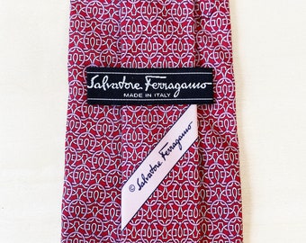 Salvadore Ferragamo Authentic Red and Pink Gancini Tie Ferragamo Necktie Gift For Him Geometric Silk Tie Fathers Day Gift Designer Silk Tie