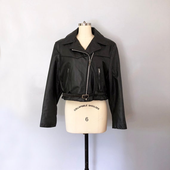 1980's Black Leather Cropped Motorcycle Jacket / V