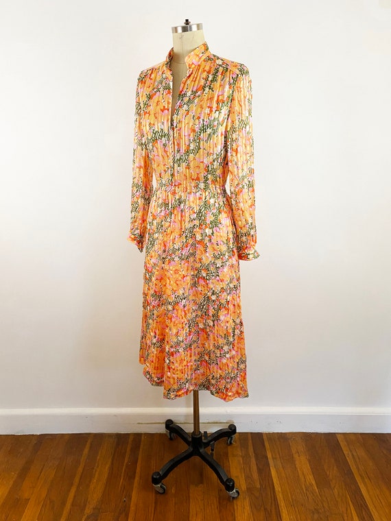 1980s John Hagarty Peach Floral Silk Striped Shee… - image 5