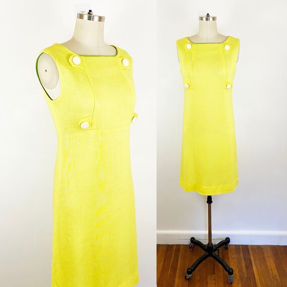 1960s Linen Highlighter Yellow Neon Wiggle Dress Empi… Gem
