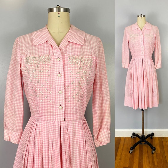 1950's Pink White Gingham Cotton Fit and Flare Day