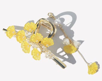 Yellow Ginkgo Flower Tassel Hair Claw, romantic hair decorations, floral hair claw, wedding jewelry gifts, white flower hair claw