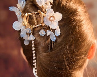 Vtg 90\'s 3 Metal Claw Hair Clips Blue Crystals Rhinestones Flowers Gold Tone Vintage Vtg Floral Antiqued Gold Tone Blue Rhinestones Hair  main image 4