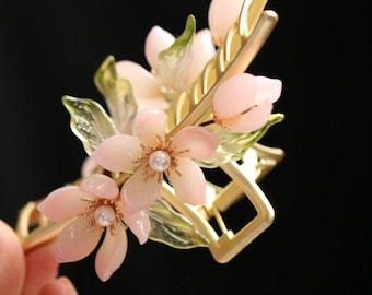 Pink Jasmine Garden Hair Claw, romantic hair decorations, floral hair claw, wedding jewelry gifts, blue butterfly flower hair clips