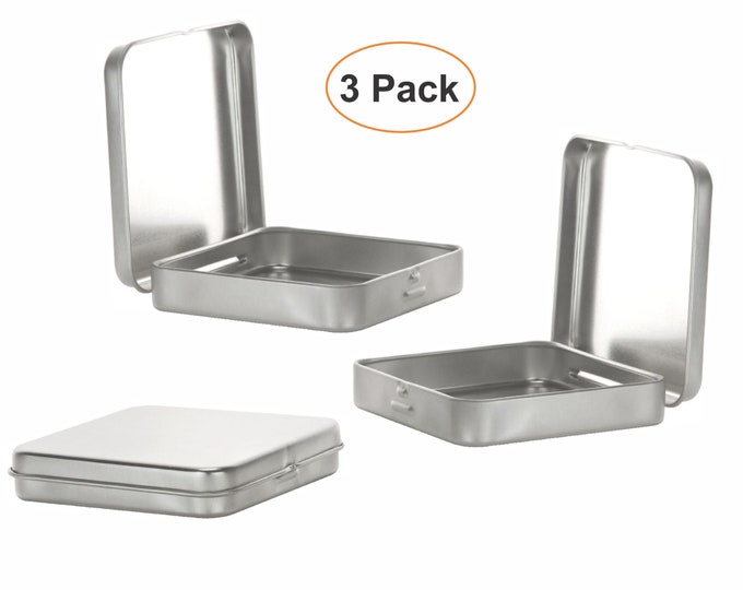 MagnaKoys® Square Silver Metal Hinged Tins 3.5 x 3.5 x .70 Inches Boxes for Candy Storage Geocaching (3-Pack)