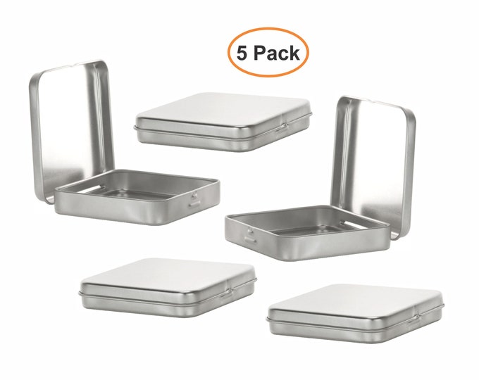 MagnaKoys® Square Silver Metal Hinged Tins 3.5 x 3.5 x .70 Inches Boxes for Candy Storage Geocaching (5-Pack)