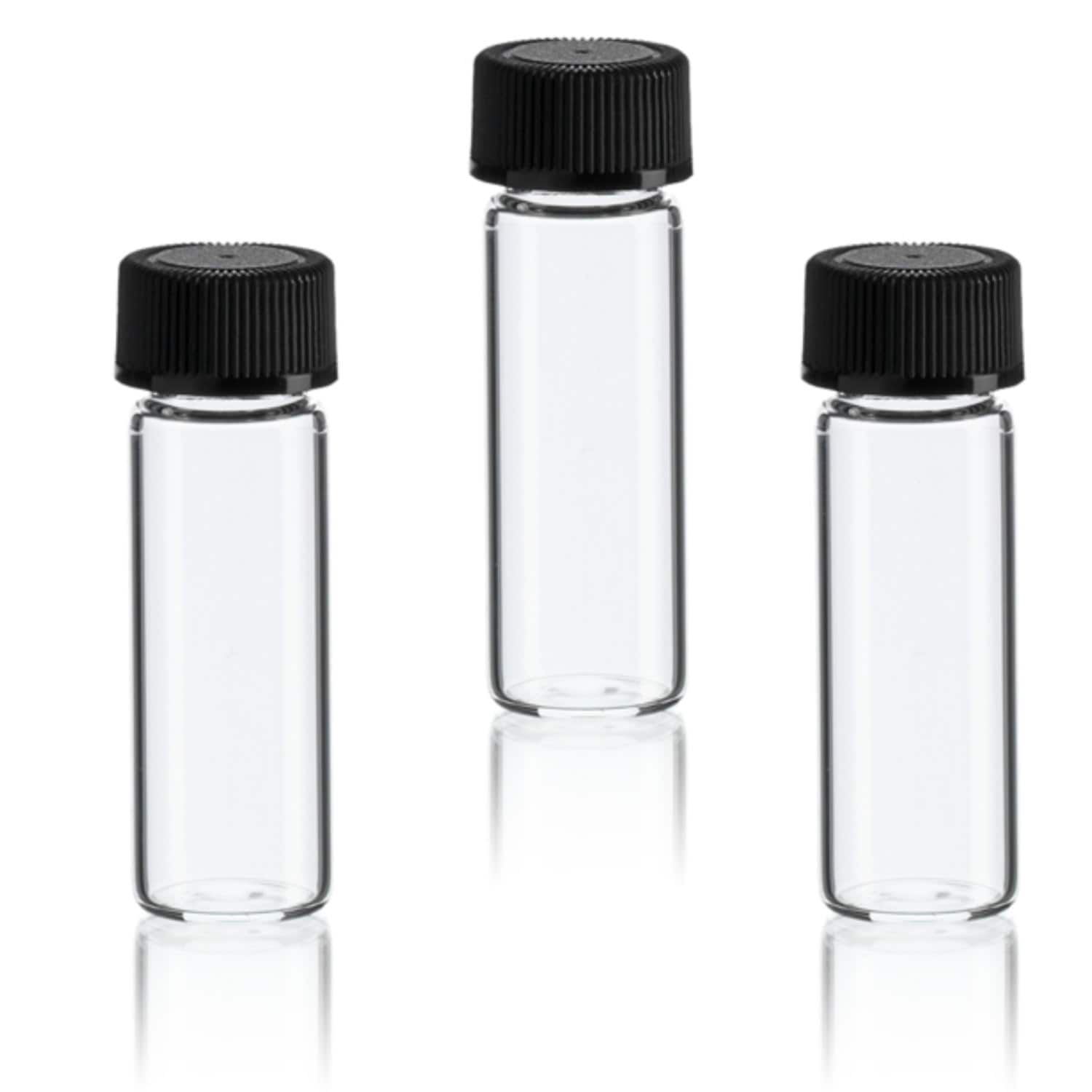 Clear glass vials with black caps
