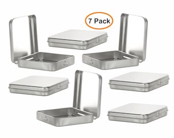 MagnaKoys® Square Silver Metal Hinged Tins 3.5 x 3.5 x .70 Inches Boxes for Candy Storage Geocaching (7-Pack)