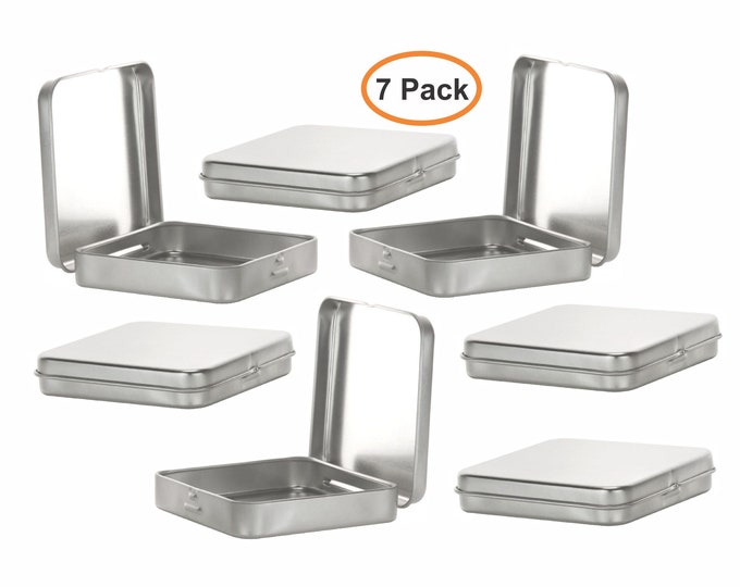 MagnaKoys® Square Silver Metal Hinged Tins 3.5 x 3.5 x .70 Inches Boxes for Candy Storage Geocaching (7-Pack)