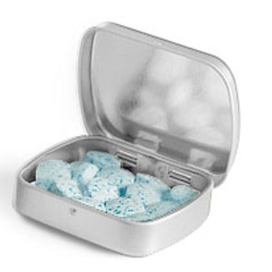 May include: A silver metal tin with a hinged lid, filled with blue and white mints.