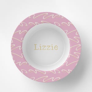 Custom Personalized Pink Squiggle Kids Bowl / Plate Bowl Set / Kids Polymer Tabletop Dinnerware / Melamine and BPA Free