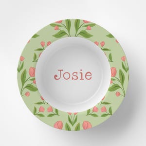 Custom Personalized Pink and Green Tulips Kids Bowl / Plate Bowl Set / Kids Polymer Tabletop Dinnerware / Melamine and BPA Free