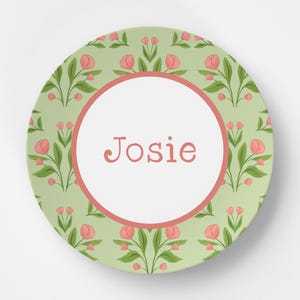 Custom Personalized Pink and Green Tulips Kids Plate / Plate Bowl Set / Kids Polymer Tabletop Dinnerware / Melamine and BPA Free