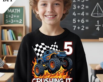 Imagen PNG de Monster Truck para el 5.º cumpleaños, diseño gráfico para camiseta de niño (producto digital)
