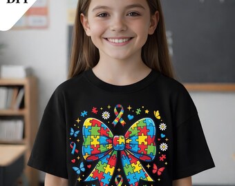 Coqueta PNG de concienciación sobre el autismo, gráfico de lazo para madres de niños con autismo, apoyo a la neurodiversidad (producto digital)