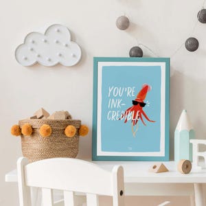 Decorazione murale per la stanza dei giochi dei bambini con la fiducia in se stessi, stampa con citazione ispiratrice colorata "Sei incredibile", poster con un eccentrico animale dell'oceano con occhiali da sole