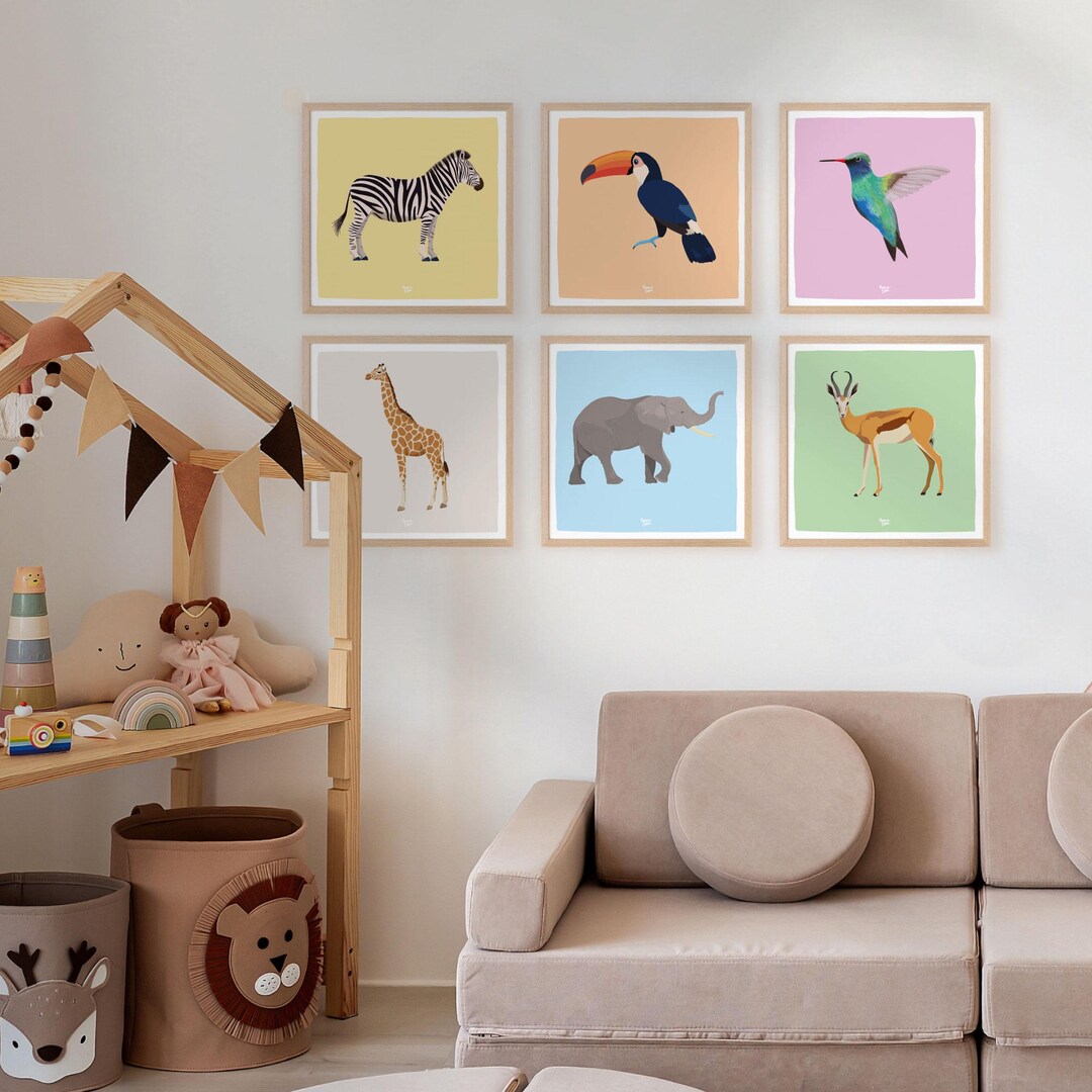 Safari Animal Print Set of 6 Wall Art, Colorful Nursery Artwork With ...
