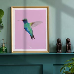 Stampa artistica da parete con colibrì dai colori vivaci per una stanza disordinata e accogliente, poster di uccelli tropicali colorati per una casa eclettica, illustrazione moderna di animali