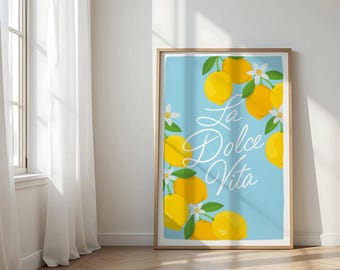 La Dolce Vita lemons art print, Mediterranean blossom lemon fruit wall art poster