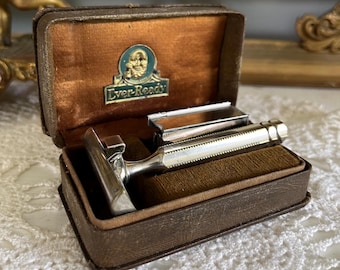 Vintage Ever-Ready Single-Edge Safety Razor Set with Original Case & Blades – Chrome Shaving Kit – 1930s–40s Grooming Collectible