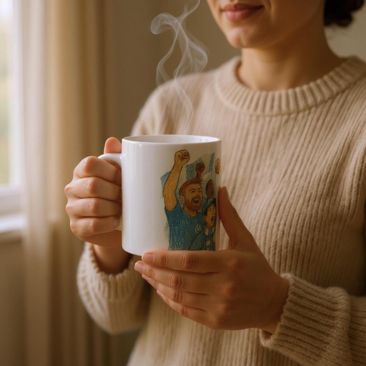 OM Supporters Mug - Sky Blue Pencil Illustration - Olympique de Marseille Cup - Gift for Football Fans