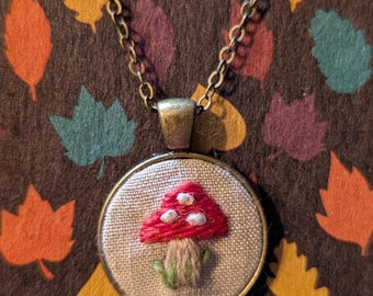 Embroidered Toadstool Necklace: Handmade Wool Mushroom Jewelry