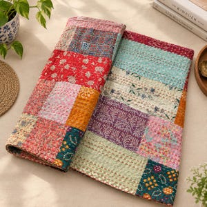 Handmade Patch Work Kantha Quilt: Handblock Print Cotton Bedspread