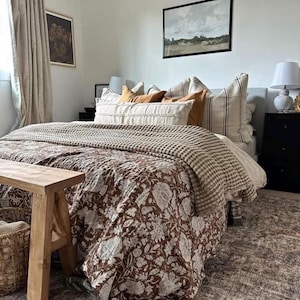 Kantha quilt Chocolate Dark Brown Handblock Floral Print Handmade Stitched Hippie Bohemian Blanket Throw Bedspread Decorative Vintage Quilt