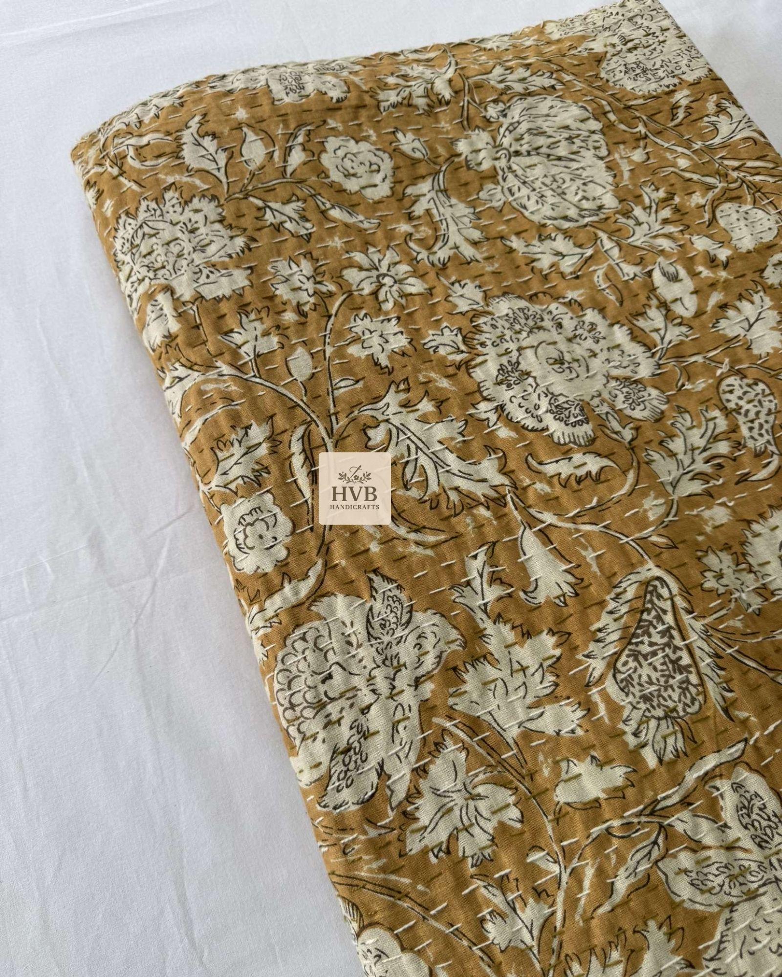 Kantha quilt Handblock Floral Print Handmade Stitched Hippie Bohemian Blanket Throw Bedspread Decorative Vintage Quilt